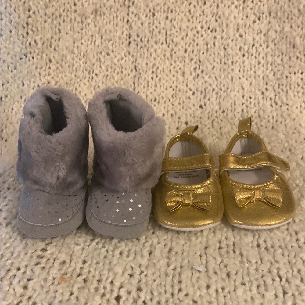 Gold infant shoes and gray faux fur infant boots, all are size 3 - 6 mon…